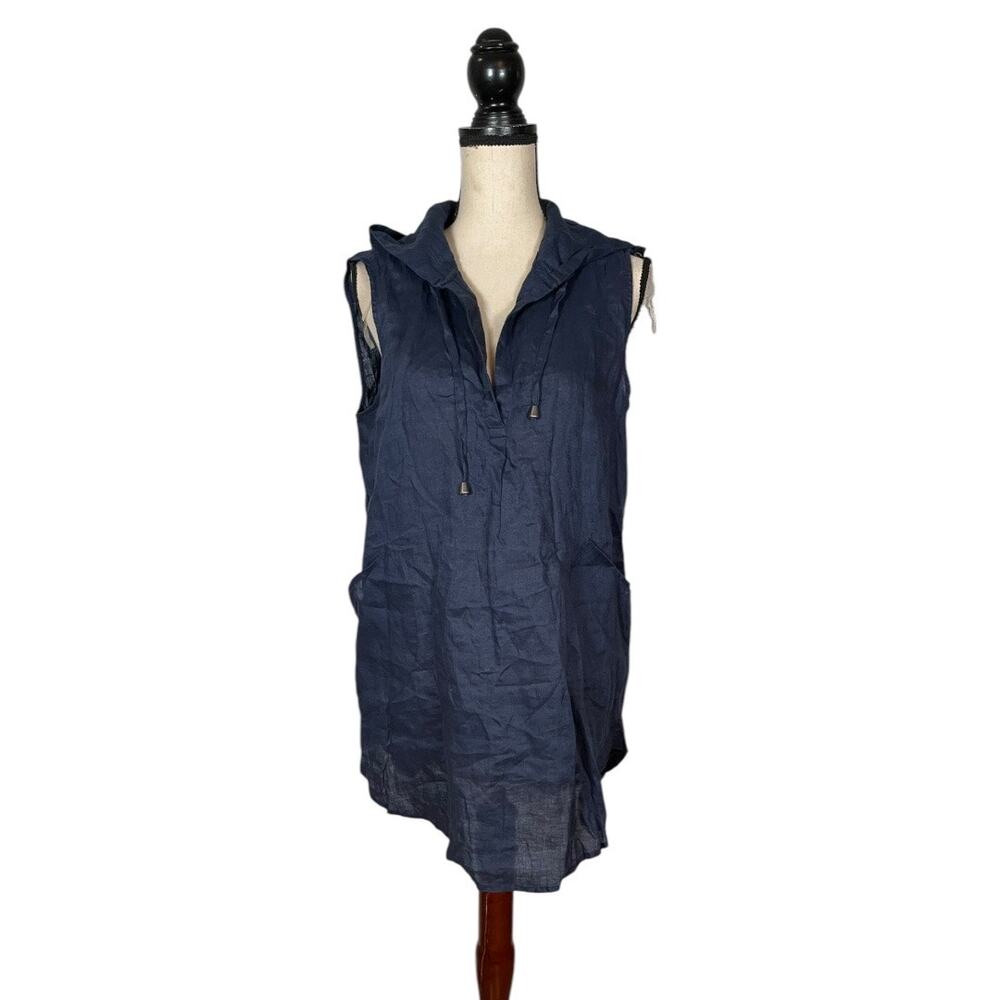 FORCYNTHIA Beachwear Navy Blue 100% Linen Cover Up Hooded Dress   Size: M